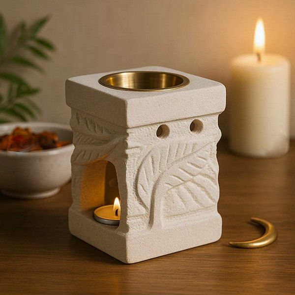 Stone Oil Burner - Carved Leaf 